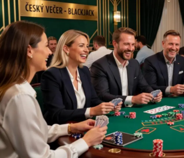 Hosté u blackjackových stolů během večerní společenské akce
