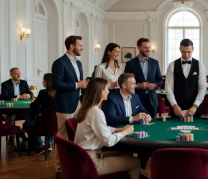 Stylové uspořádání herních stolů v sále připraveném pro večerní event