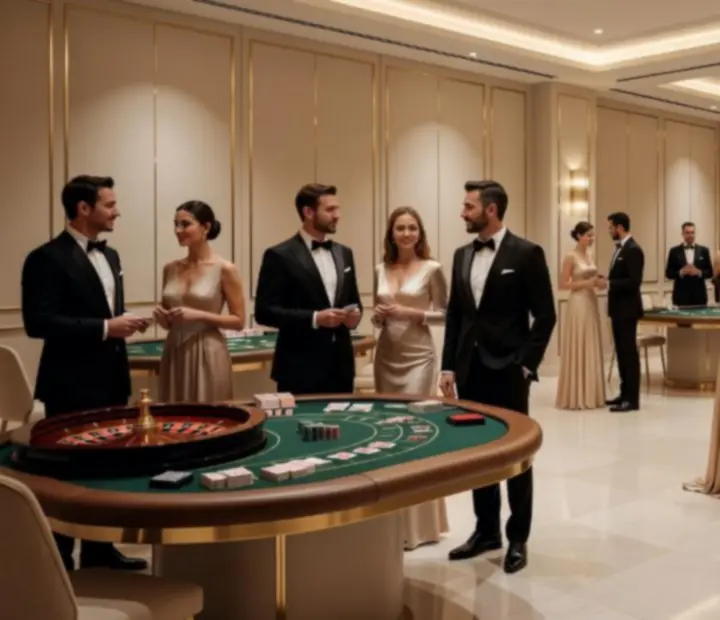 Elegantně nasvícené hrací stoly připravené na večerní event